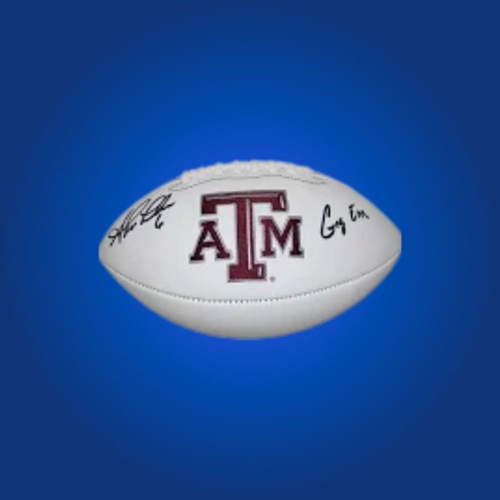 Autographed full size replica football by Shane Lechler, featuring Texas A&M Aggies white logo. Certified authentic, an excellent collectible for Aggies fans and sports memorabilia collectors. Certificate of Authenticity included. Ball details may differ for catalog consistency.
