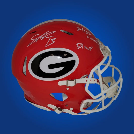 Autographed Georgia Bulldogs full size Authentic Helmet signed by Stetson Bennett, presented on a white background. SportsMarkets memorabilia image.