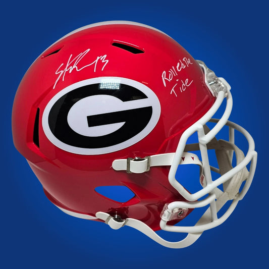 Autographed Georgia Bulldogs full size replica helmet signed by Stetson Bennett, presented on a white background. SportsMarkets memorabilia image.