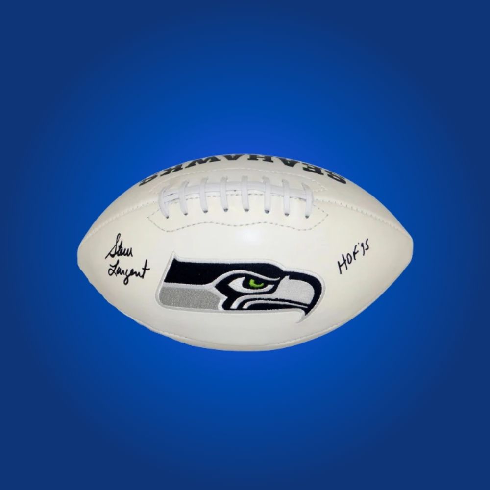 Steve Largent autographed Seahawks logo football, featuring Hall of Fame receiver’s signature and Seahawks emblem.