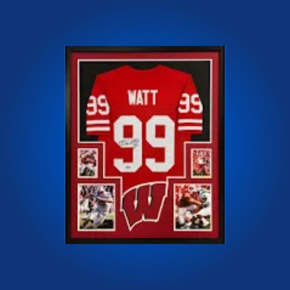 T.J. Watt Signed Full Framed Custom Wisconsin Badgers Jersey – autographed memorabilia, NFL star linebacker collectible, a must-have for Badgers fans.