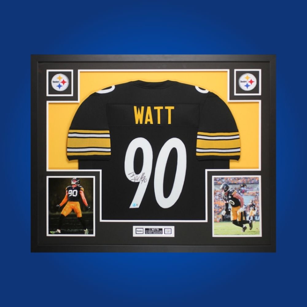 Framed Pittsburgh Steelers custom jersey signed by T.J. Watt with Certificate of Authenticity.