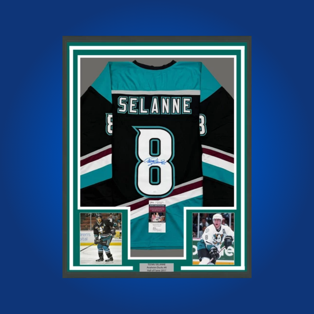 Authentic framed Anaheim Ducks jersey personally autographed by Teemu Selanne. This collectible celebrates the legacy of a Ducks icon, making it a centerpiece for serious NHL memorabilia collections.