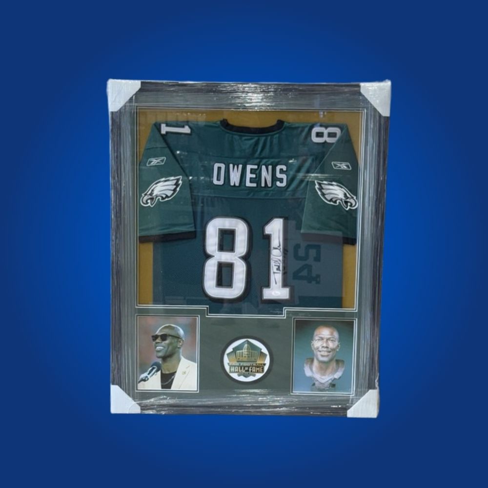 Signed Philadelphia Eagles jersey by legendary receiver Terrell Owens. Custom framed and certified authentic, an essential for Eagles enthusiasts.