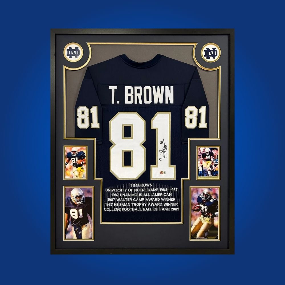 Tim Brown Signed Full Framed Custom Notre Dame Fighting Irish Jersey – autographed memorabilia, Heisman Trophy winner collectible, essential for Fighting Irish fans.
