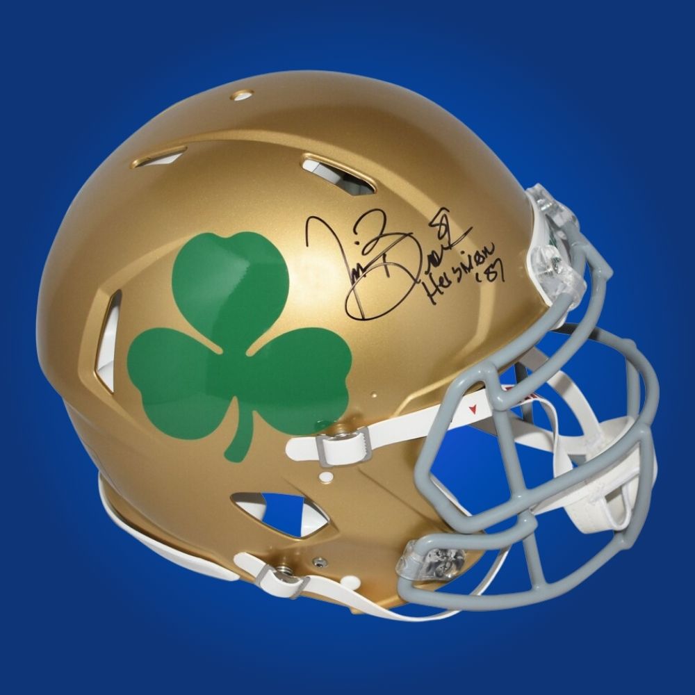 Autographed Notre Dame Fighting Irish full size Authentic Helmet signed by Tim Brown, presented against a clean white background. SportsMarkets memorabilia photo.