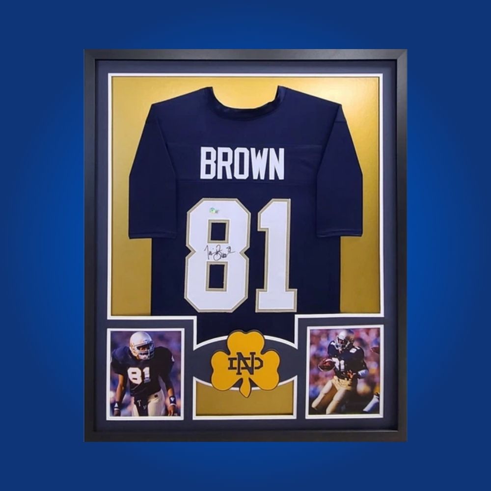 Tim Brown Signed Full Framed Custom Notre Dame Fighting Irish Jersey – autographed memorabilia, Heisman Trophy winner collectible, essential for Fighting Irish fans.