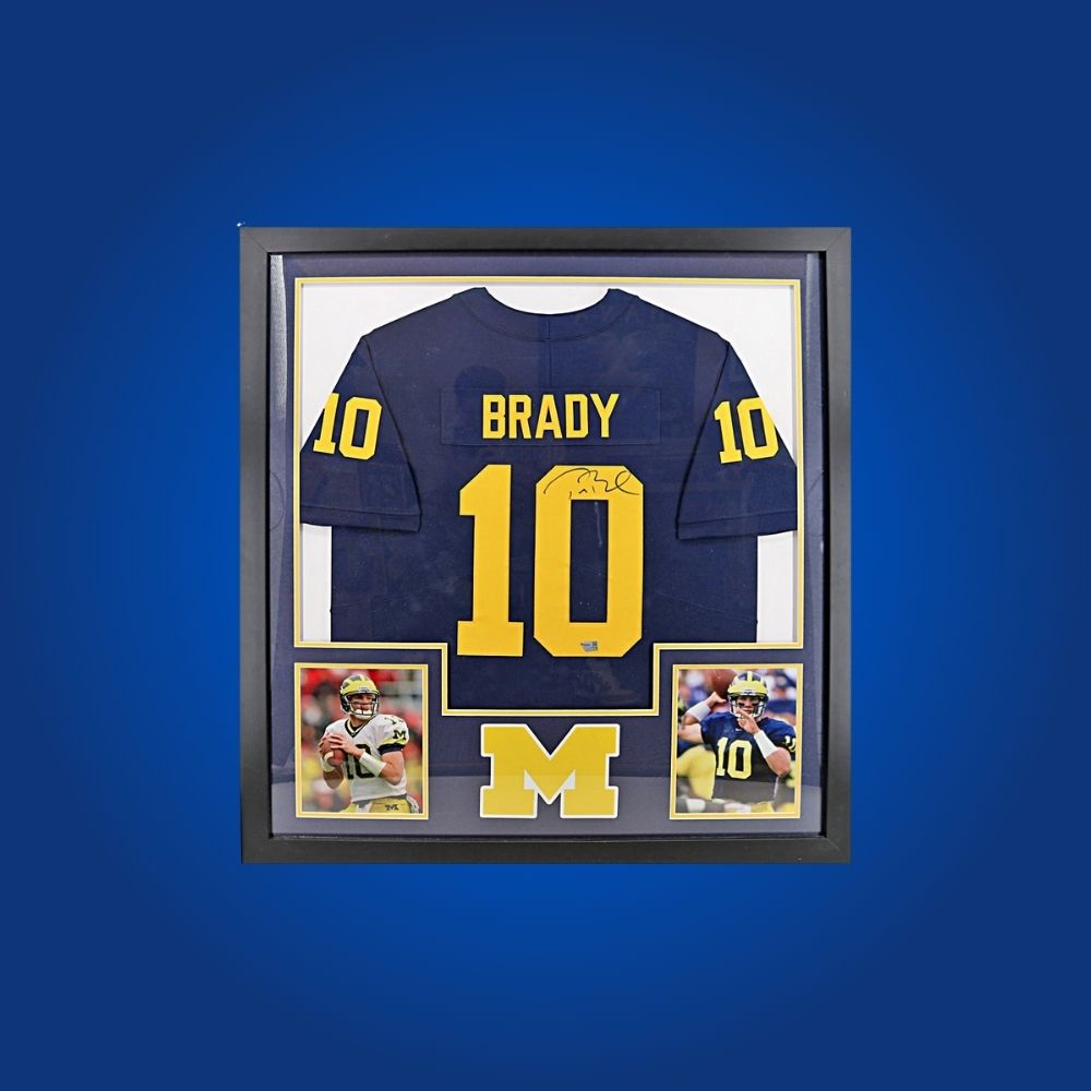 Tom Brady Signed Full Framed Custom Michigan Wolverines Jersey – autographed memorabilia, legendary quarterback collectible, centerpiece for Michigan fans.