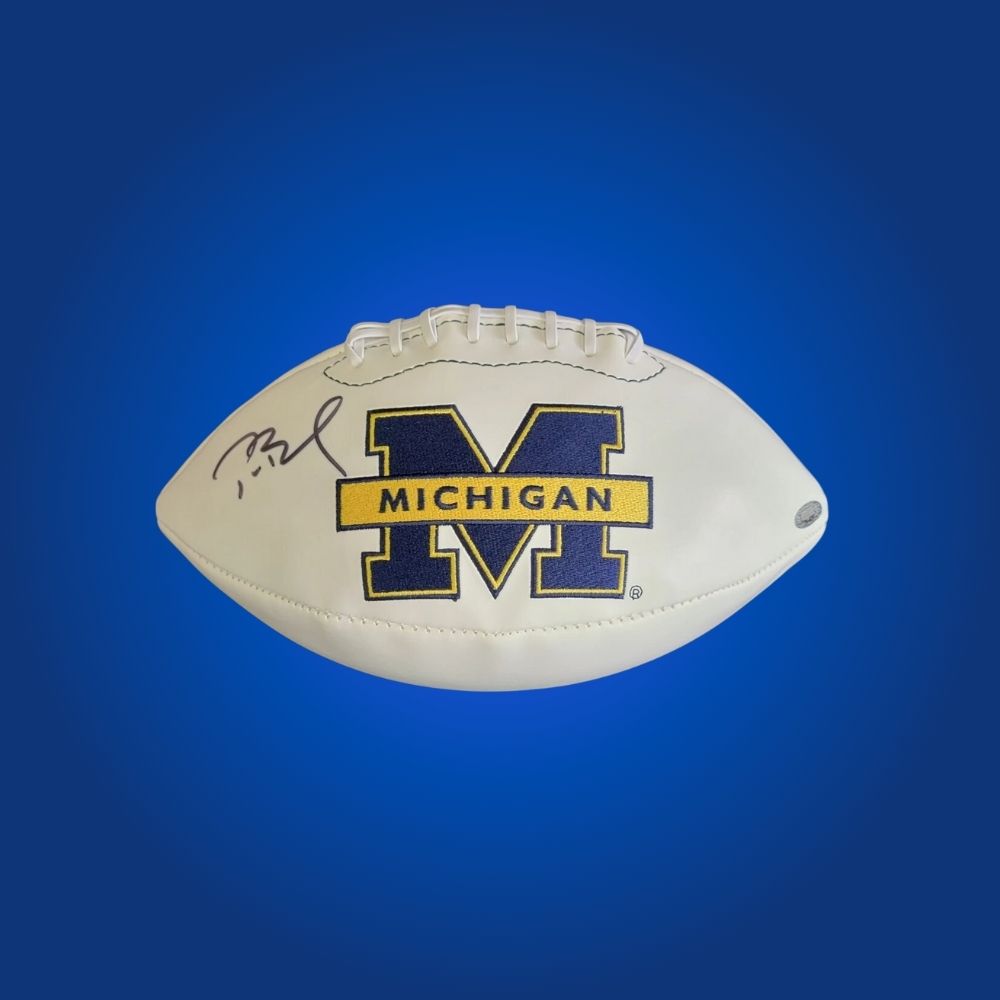 Tom Brady autographed Michigan Wolverines white logo football, exclusive collectible for Michigan fans and memorabilia enthusiasts.