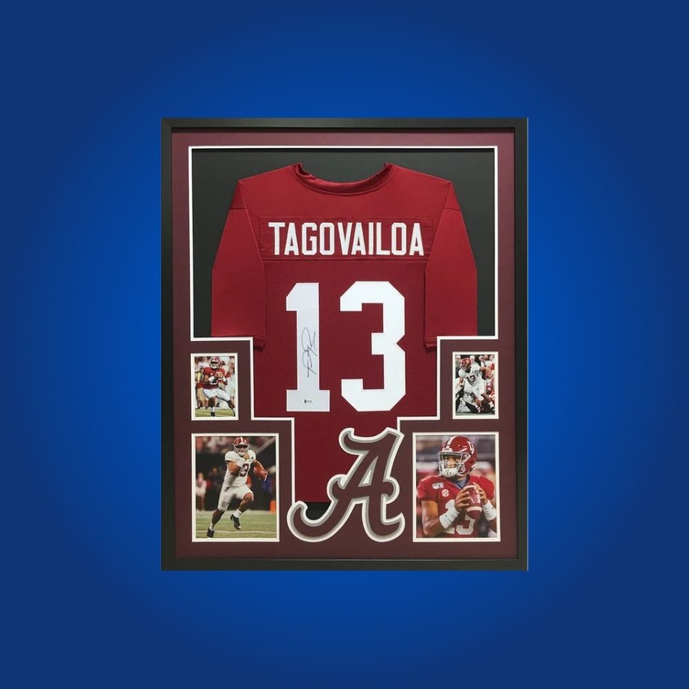 Tua Tagovailoa Signed Full Framed Custom Alabama Crimson Tide Jersey – autographed memorabilia, national champion quarterback collectible, ideal for Alabama fans.
