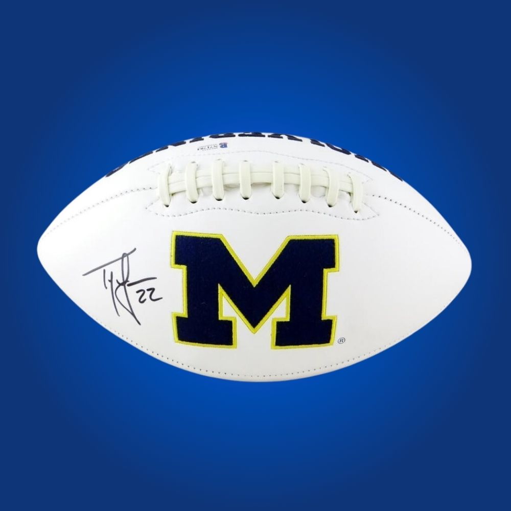Ty Law autographed Michigan Wolverines white logo football, excellent collectible for Michigan fans and memorabilia collectors.