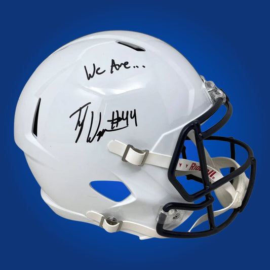 Autographed Penn State Nittany Lions full size replica helmet signed by Tyler Warren, shown on a white background. SportsMarkets product image.