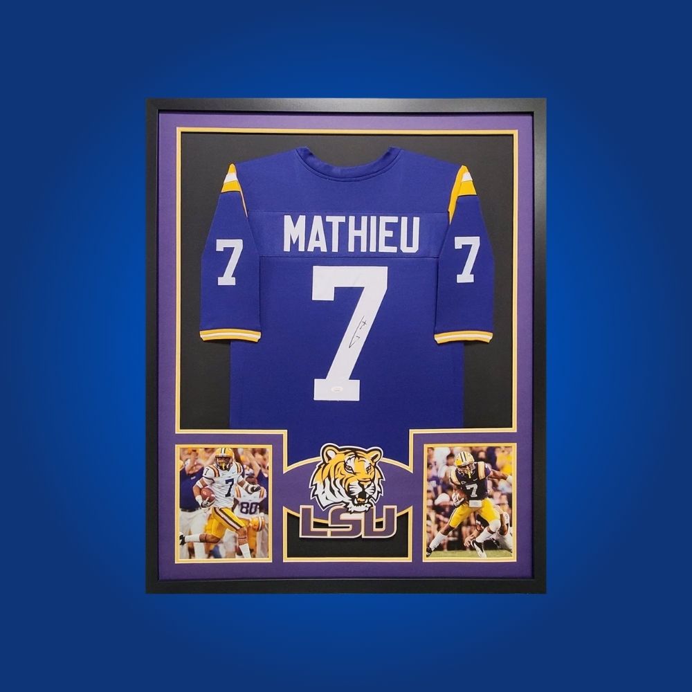 Tyrann Mathieu Signed Full Framed Custom LSU Tigers Jersey – autographed memorabilia, dynamic defensive back collectible, perfect for LSU fanatics.