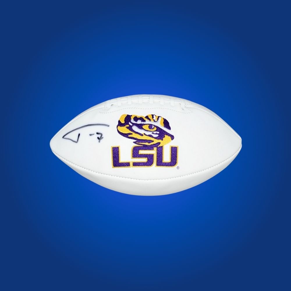 Tyrann Mathieu autographed LSU Tigers white logo football, excellent memorabilia for LSU fans and collectors.