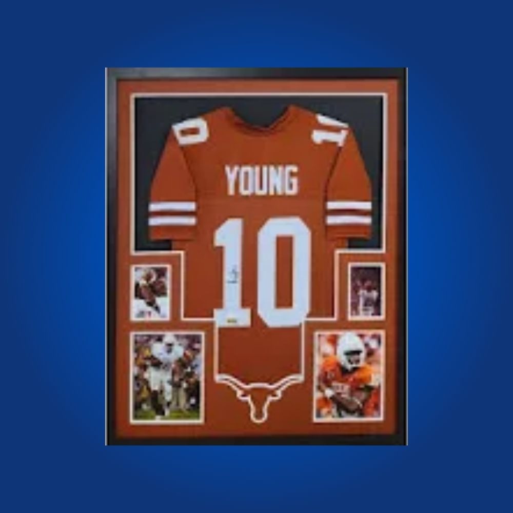 Vince Young Signed Full Framed Custom Texas Longhorns Jersey – autographed memorabilia, Rose Bowl-winning quarterback collectible, iconic for Longhorns supporters.