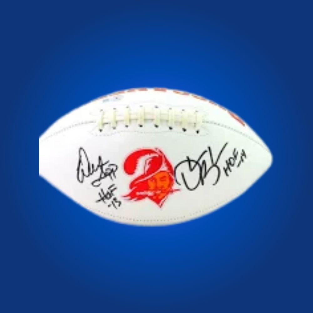 Warren Sapp autographed Buccaneers logo football, with Hall of Fame defensive tackle’s signature and Bucs logo.