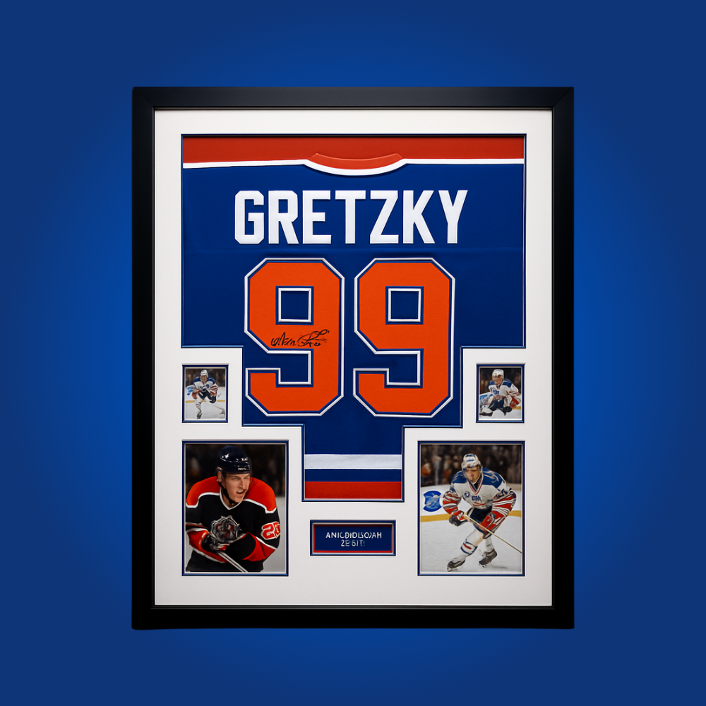 Wayne Gretzky’s autographed full framed Edmonton Oilers blue jersey stands as an iconic centerpiece for any collection, commemorating “The Great One’s” legendary career and unparalleled impact on hockey.