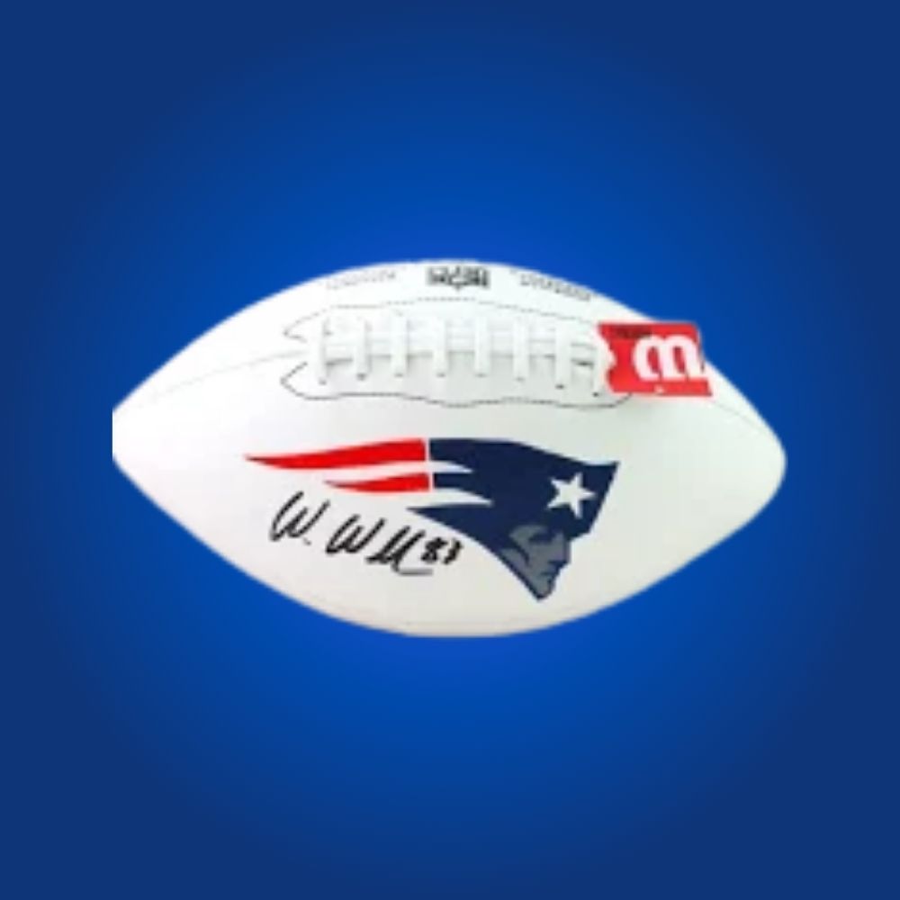 Patriots football autographed by Wes Welker, featuring franchise logo and signature panel.