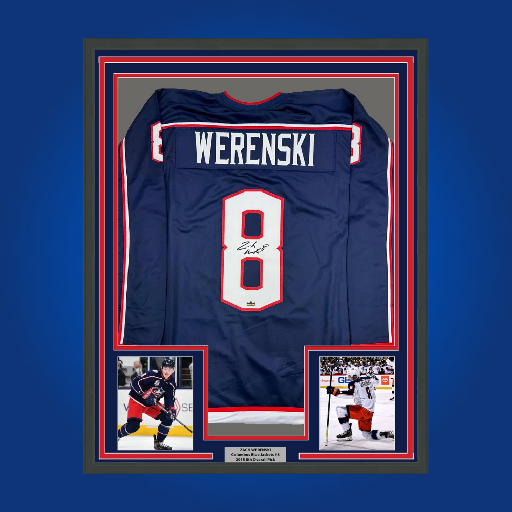 Zach Werenski’s full framed Columbus Blue Jackets navy blue jersey, featuring a facsimile signature, offers fans a striking collectible that celebrates his impact on the team’s blue line.