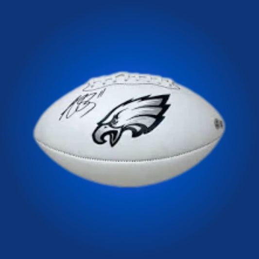 AJ Brown signed Eagles logo football, signature and logo presented on white signature panel.