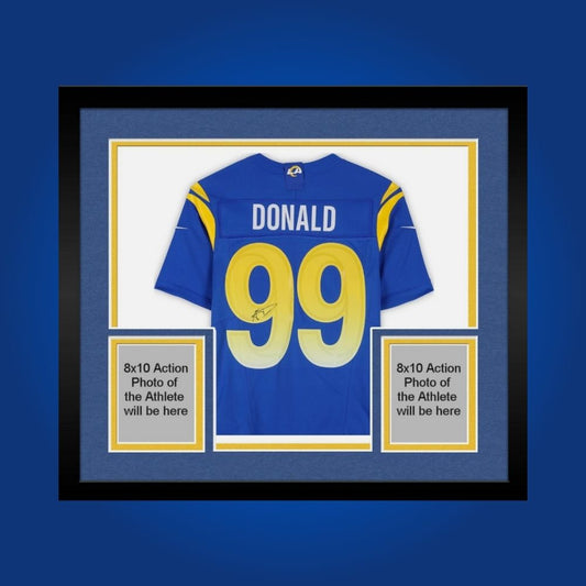 Framed Los Angeles Rams jersey signed by Aaron Donald with action photos and Certificate of Authenticity
