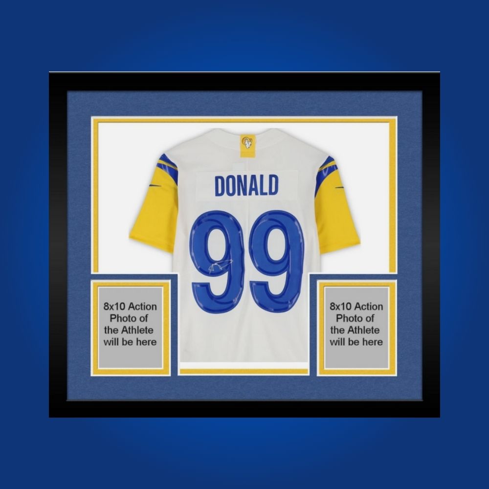 Framed Los Angeles Rams jersey signed by Aaron Donald with action photos and Certificate of Authenticity
