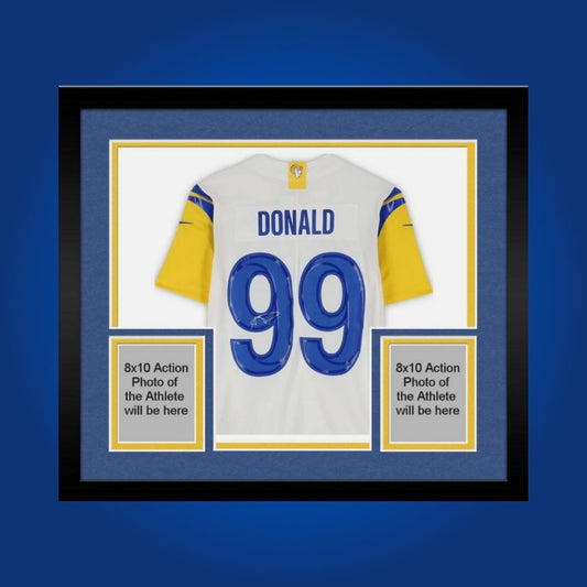 Framed Los Angeles Rams jersey signed by Aaron Donald with action photos and Certificate of Authenticity
