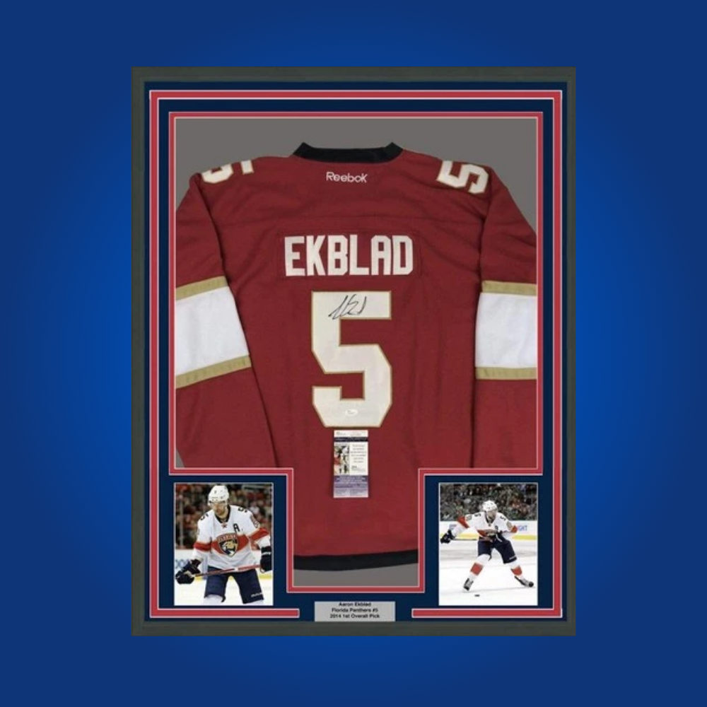 Aaron Ekblad’s full framed Florida Panthers red jersey, signed and authenticated, provides fans with a standout collectible from one of the franchise’s cornerstone defensemen.