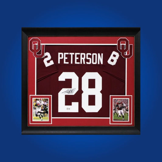 Adrian Peterson Signed Full Framed Custom Oklahoma Sooners Jersey – autographed memorabilia, legendary running back collectible, perfect for Sooners fans.
