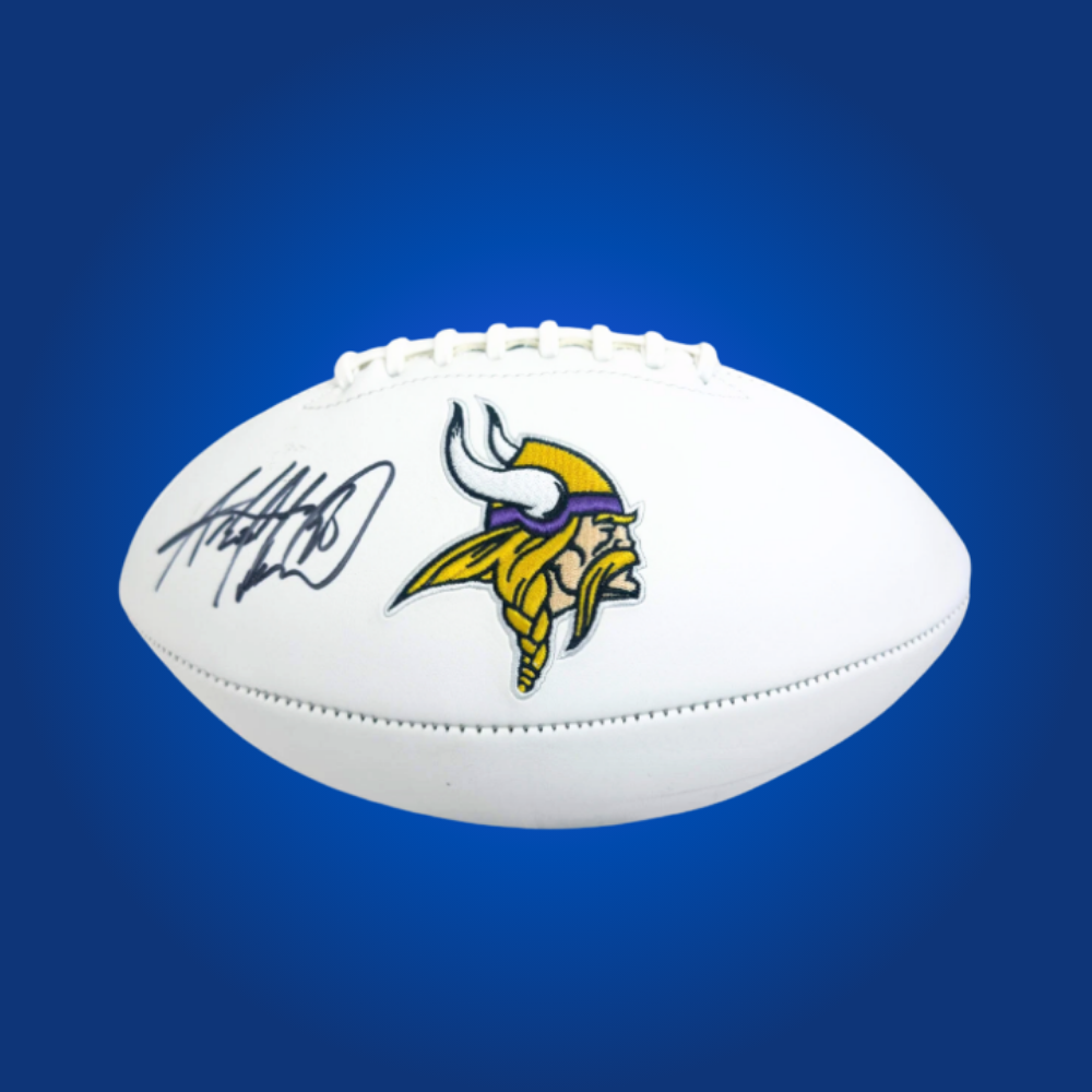 Adrian Peterson signed Minnesota Vikings logo football, featuring his genuine autograph, perfect for Vikings supporters and memorabilia.