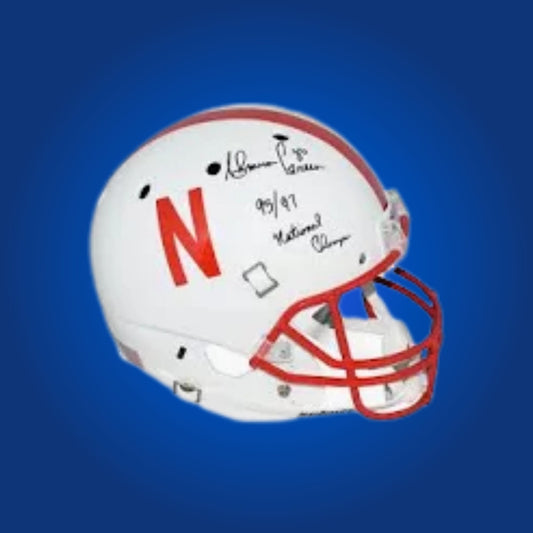 Autographed Nebraska Cornhuskers full size replica helmet signed by Ahman Green, on a neutral background. Certified sports memorabilia image.