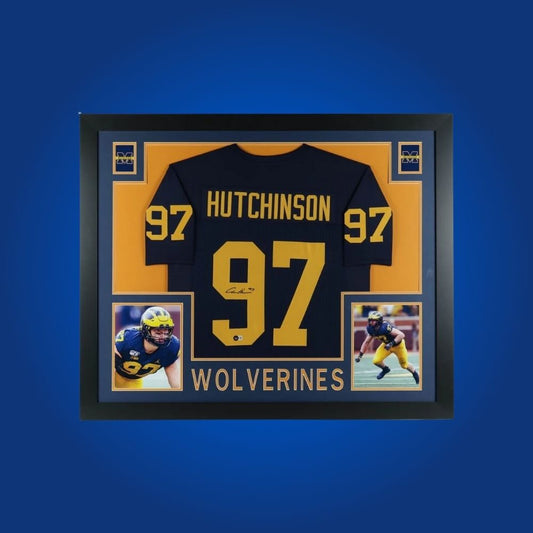 Aidan Hutchinson Signed Full Framed Custom Michigan Wolverines Jersey – autographed memorabilia, star defensive end collectible, a highlight for Wolverines collectors.