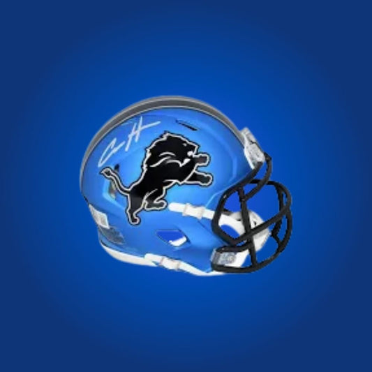 Detroit Lions Blue Rave Speed Mini Helmet signed by Aiden Hutchinson, Certificate of Authenticity included