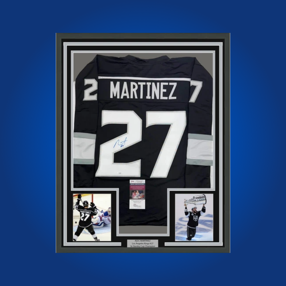 Alec Martinez’s signed full framed Los Angeles Kings black jersey is a tribute to his pivotal role in the team’s Stanley Cup victories and a memorable collectible for fans.