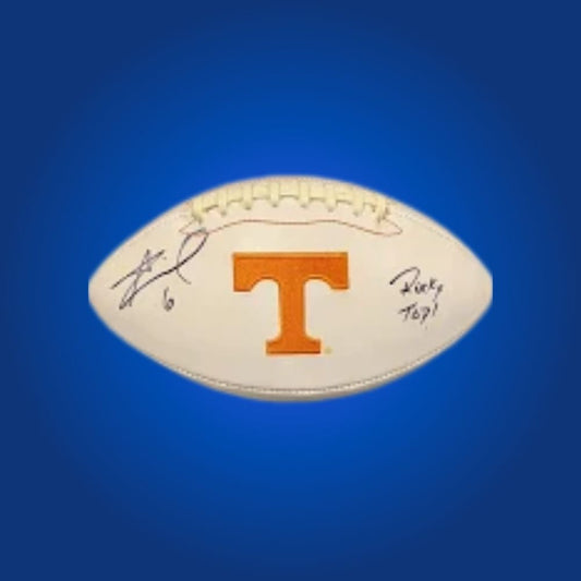 Autographed full size replica helmet by Alvin Kamara, featuring Tennessee Volunteers white logo. Certified authentic, a unique collectible for passionate Volunteers fans and memorabilia collectors. Includes Certificate of Authenticity. Helmet details may vary for catalog consistency.