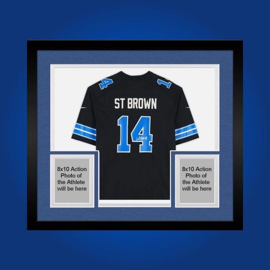 Framed Detroit Lions jersey signed by Amon-Ra St. Brown with action photos and Certificate of Authenticity