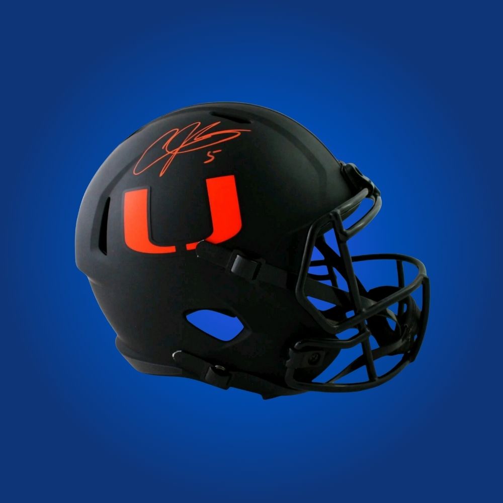 Andre Johnson hand-signed Miami Hurricanes blackout replica helmet, showcasing signature and official team graphics. A unique collectible for Miami fans and Johnson memorabilia collectors. Includes Certificate of Authenticity. Images may differ for catalog uniformity.
