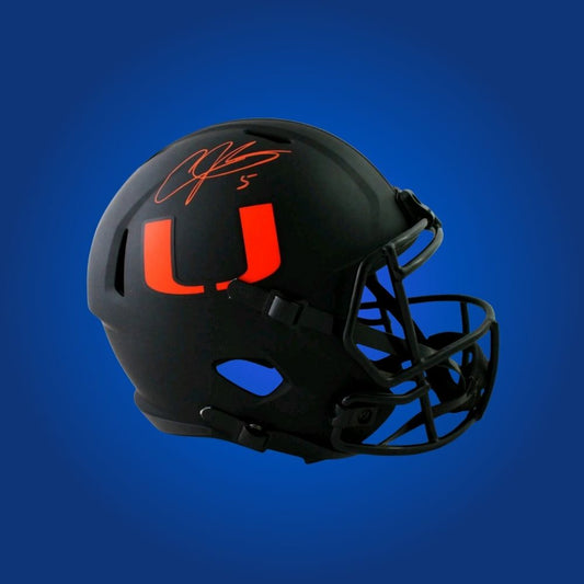 Andre Johnson hand-signed Miami Hurricanes blackout replica helmet, showcasing signature and official team graphics. A unique collectible for Miami fans and Johnson memorabilia collectors. Includes Certificate of Authenticity. Images may differ for catalog uniformity.