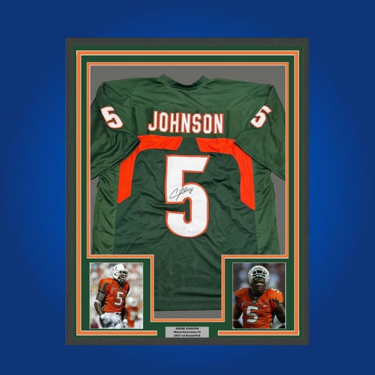 Andre Johnson Signed Full Framed Custom Miami Hurricanes Jersey – autographed memorabilia, Pro Bowl wide receiver collectible, centerpiece for Hurricanes collectors.