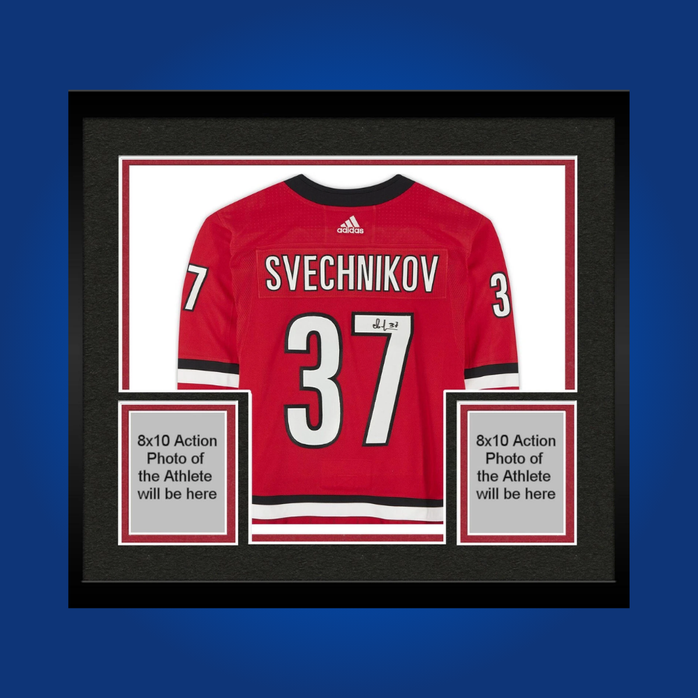Andrei Svechnikov’s signature adorns this full framed Carolina Hurricanes red jersey, making it a premium collectible for fans and collectors of rising hockey stars.