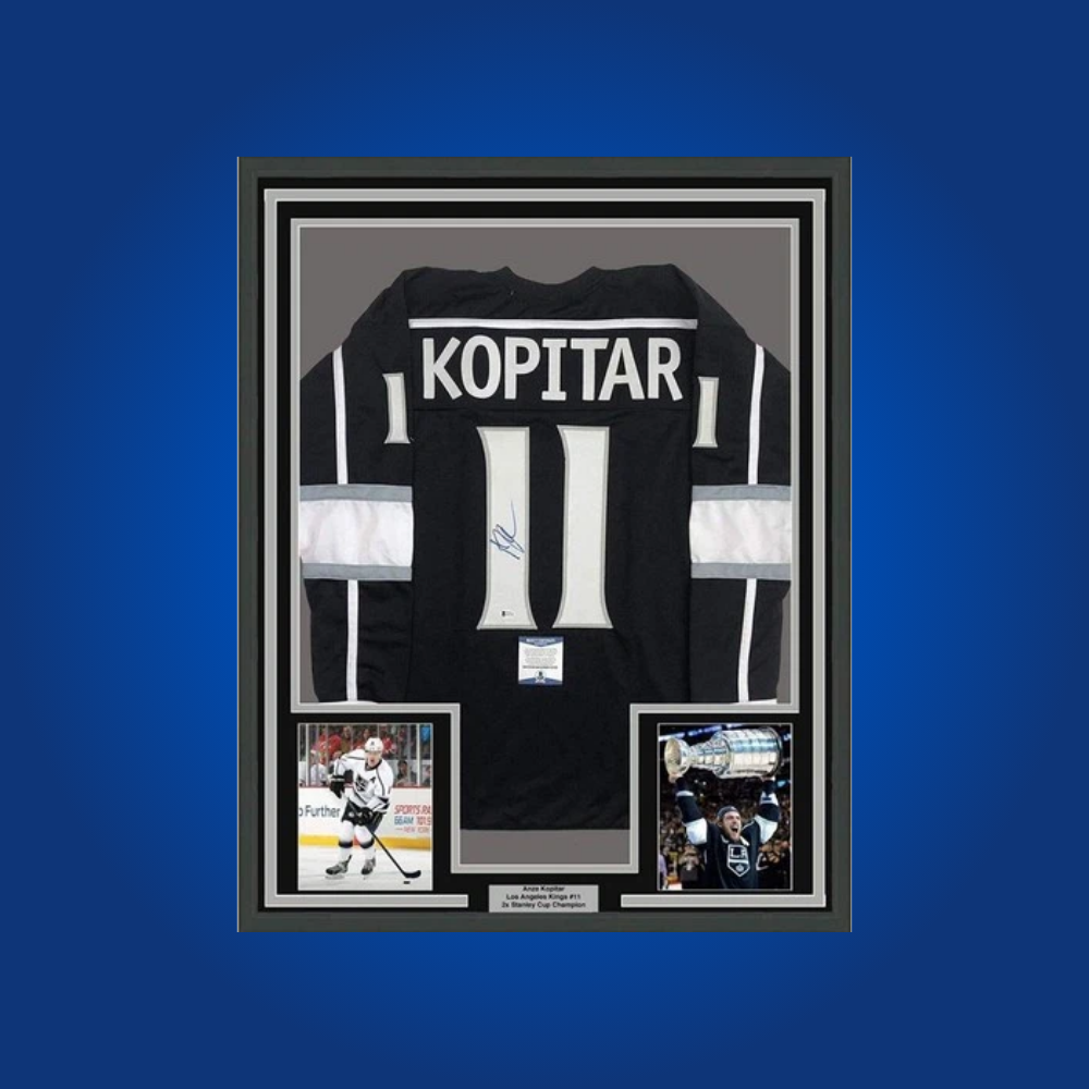 Anze Kopitar’s autographed full framed Los Angeles Kings black jersey celebrates the captain’s leadership and championship pedigree, making it a staple for Kings memorabilia collections.