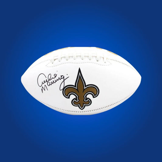 Classic Saints logo football signed by Archie Manning, with crisp autograph on display panel.