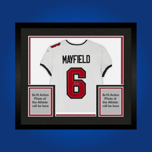 Signed full framed Tampa Bay Buccaneers jersey with Baker Mayfield's signature, displayed in a decorative frame.