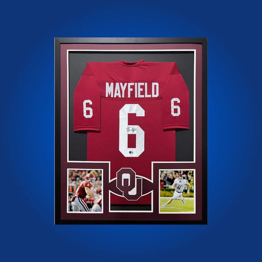 Baker Mayfield Signed Full Framed Custom Oklahoma Sooners Jersey – autographed memorabilia, Heisman-winning quarterback collectible, centerpiece for Sooners fans.
