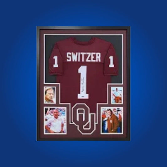 Barry Switzer Signed Full Framed Custom Oklahoma Sooners Jersey – autographed memorabilia, iconic coach collectible, ideal for Oklahoma football enthusiasts.