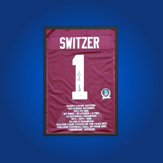 Barry Switzer Signed Half Frame Oklahoma Sooners Stats Jersey