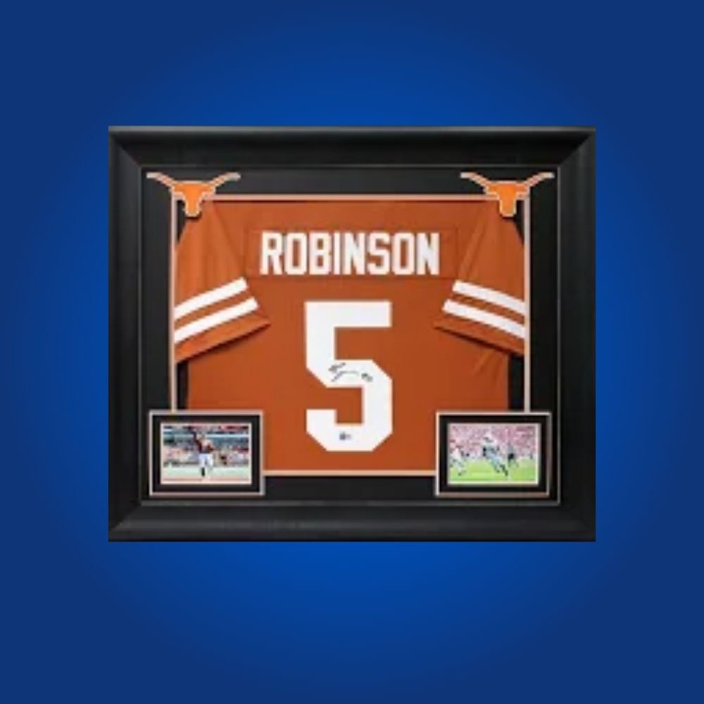 Bijan Robinson Signed Full Framed Custom Texas Longhorns Jersey – autographed memorabilia, star running back collectible, ideal for Texas fans.