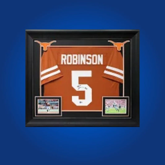 Bijan Robinson Signed Full Framed Custom Texas Longhorns Jersey – autographed memorabilia, star running back collectible, ideal for Texas fans.