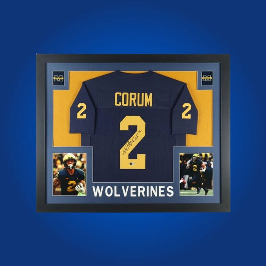 Blake Corum Signed Full Framed Custom Michigan Wolverines Jersey – autographed memorabilia, star running back collectible, perfect for Michigan supporters.