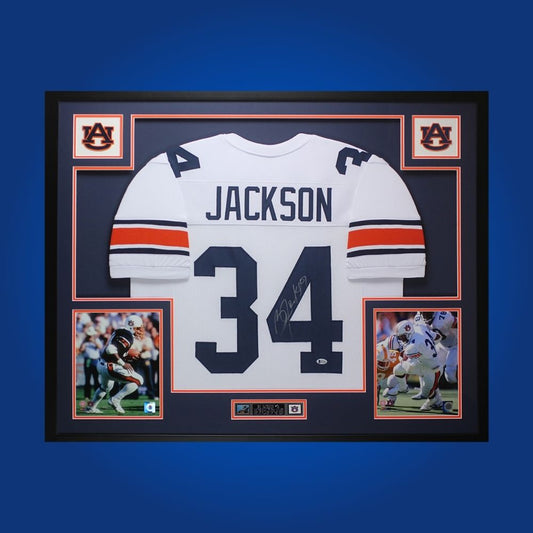 Bo Jackson Signed Full Framed Custom Auburn Tigers Jersey – autographed memorabilia, legendary running back collectible, centerpiece for Tigers fans.